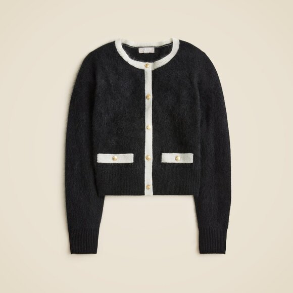 NWT J.Crew Brushed Cashmere Fitted Cardigan in Black Ivory Contrast Sweater M - Picture 1 of 6